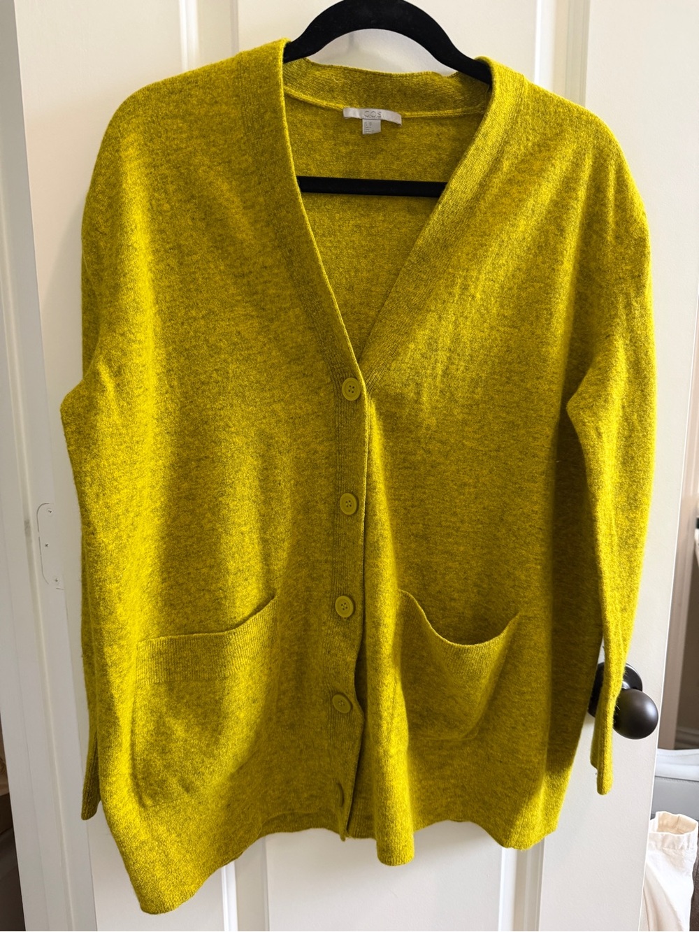 100% Wool COS Chartreuse Yellow V-Neck Button Cardigan
